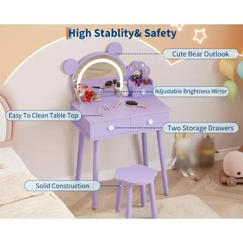 Coiffeuse pour enfants avec miroir éclairé et tabouret, ensemble de coiffeuse en forme d'ours avec 2 tiroirs, coiffeuse pour petite fille, ensemble de coiffeuse de jeu de simulation
