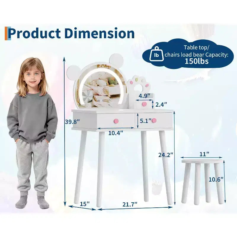 Coiffeuse pour enfants avec miroir éclairé et tabouret, ensemble de coiffeuse en forme d'ours avec 2 tiroirs, coiffeuse pour petite fille, ensemble de coiffeuse de jeu de simulation
