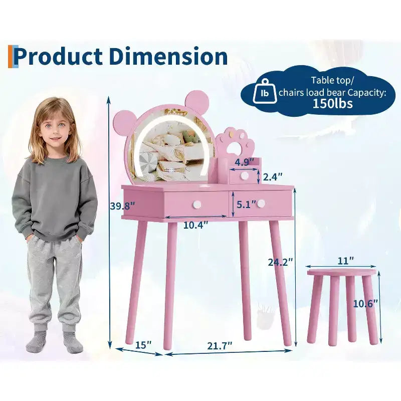 Coiffeuse pour enfants avec miroir éclairé et tabouret, ensemble de coiffeuse en forme d'ours avec 2 tiroirs, coiffeuse pour petite fille, ensemble de coiffeuse de jeu de simulation