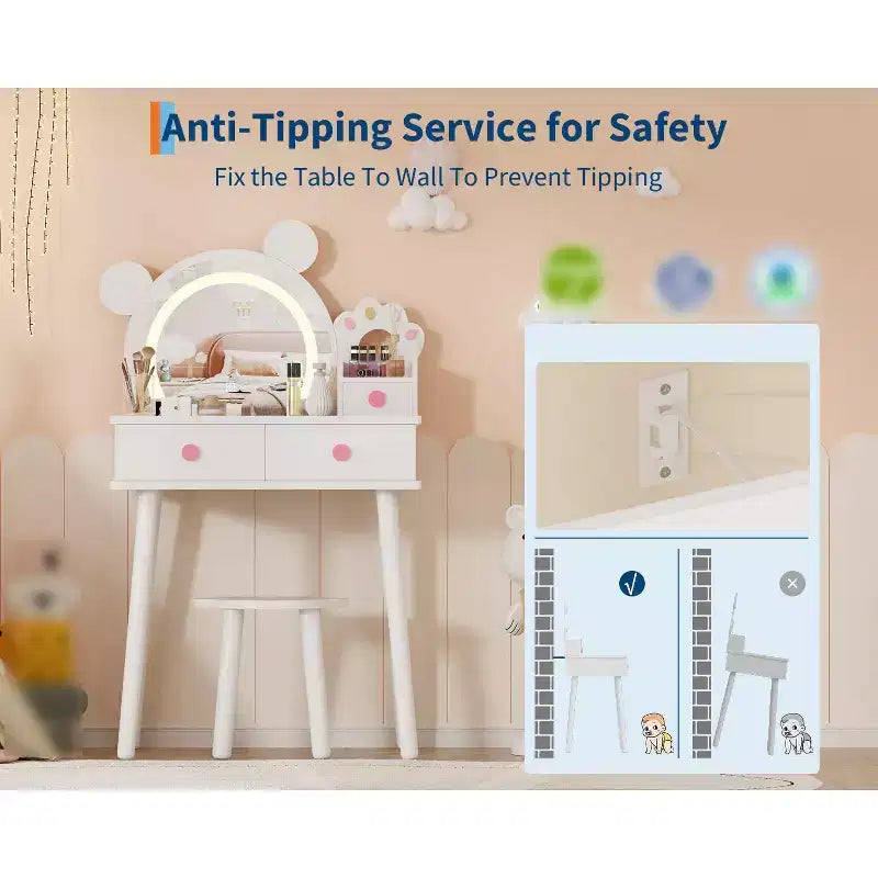 Coiffeuse pour enfants avec miroir éclairé et tabouret, ensemble de coiffeuse en forme d'ours avec 2 tiroirs, coiffeuse pour petite fille, ensemble de coiffeuse de jeu de simulation