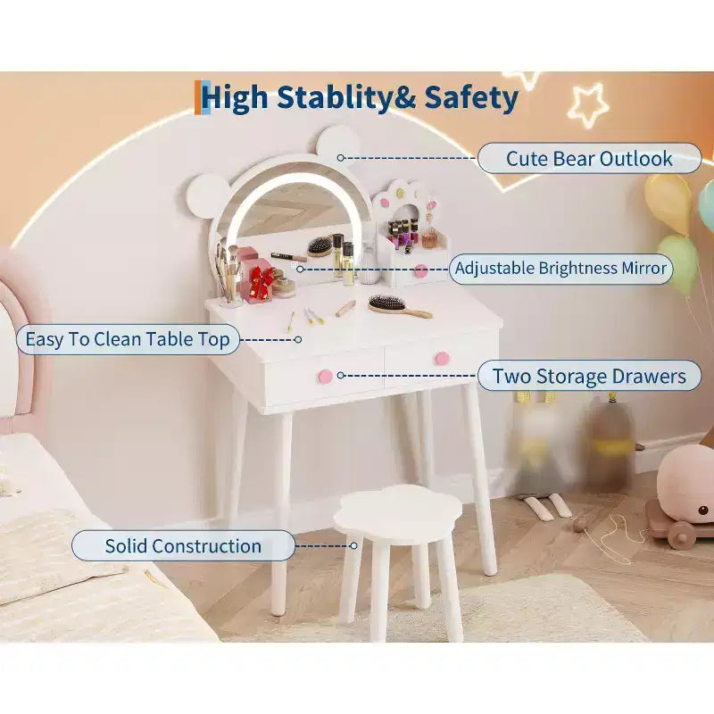 Coiffeuse pour enfants avec miroir éclairé et tabouret, ensemble de coiffeuse en forme d'ours avec 2 tiroirs, coiffeuse pour petite fille, ensemble de coiffeuse de jeu de simulation