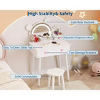Coiffeuse pour enfants avec miroir éclairé et tabouret, ensemble de coiffeuse en forme d'ours avec 2 tiroirs, coiffeuse pour petite fille, ensemble de coiffeuse de jeu de simulation