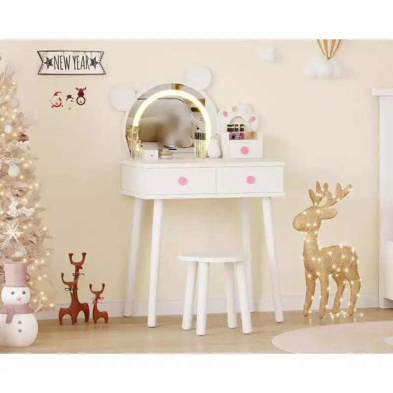 Coiffeuse pour enfants avec miroir éclairé et tabouret, ensemble de coiffeuse en forme d'ours avec 2 tiroirs, coiffeuse pour petite fille, ensemble de coiffeuse de jeu de simulation