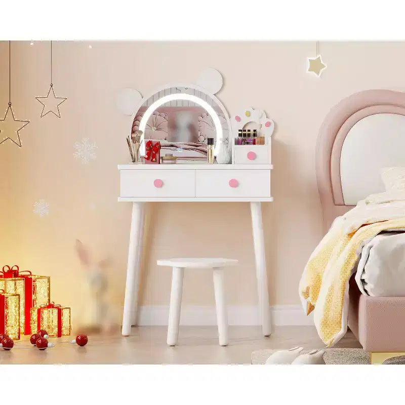 Coiffeuse pour enfants avec miroir éclairé et tabouret, ensemble de coiffeuse en forme d'ours avec 2 tiroirs, coiffeuse pour petite fille, ensemble de coiffeuse de jeu de simulation