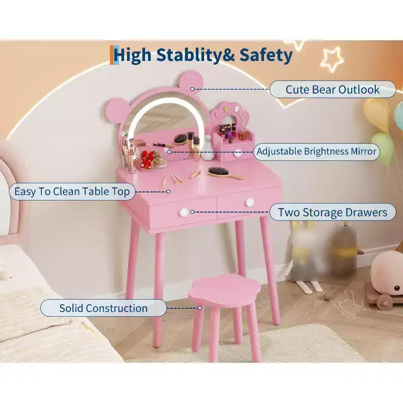 Coiffeuse pour enfants avec miroir éclairé et tabouret, ensemble de coiffeuse en forme d'ours avec 2 tiroirs, coiffeuse pour petite fille, ensemble de coiffeuse de jeu de simulation