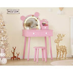 Coiffeuse pour enfants avec miroir éclairé et tabouret, ensemble de coiffeuse en forme d'ours avec 2 tiroirs, coiffeuse pour petite fille, ensemble de coiffeuse de jeu de simulation