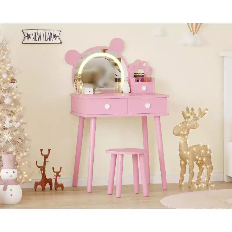 Coiffeuse pour enfants avec miroir éclairé et tabouret, ensemble de coiffeuse en forme d'ours avec 2 tiroirs, coiffeuse pour petite fille, ensemble de coiffeuse de jeu de simulation