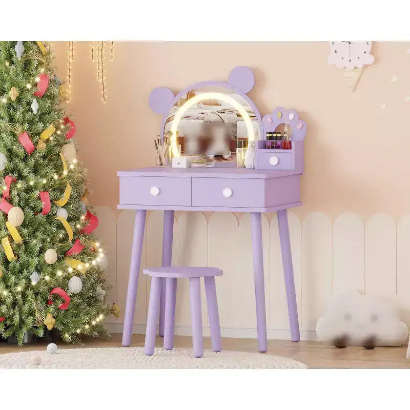 Coiffeuse pour enfants avec miroir éclairé et tabouret, ensemble de coiffeuse en forme d'ours avec 2 tiroirs, coiffeuse pour petite fille, ensemble de coiffeuse de jeu de simulation