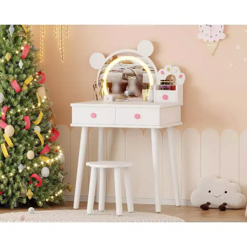Coiffeuse pour enfants avec miroir éclairé et tabouret, ensemble de coiffeuse en forme d'ours avec 2 tiroirs, coiffeuse pour petite fille, ensemble de coiffeuse de jeu de simulation