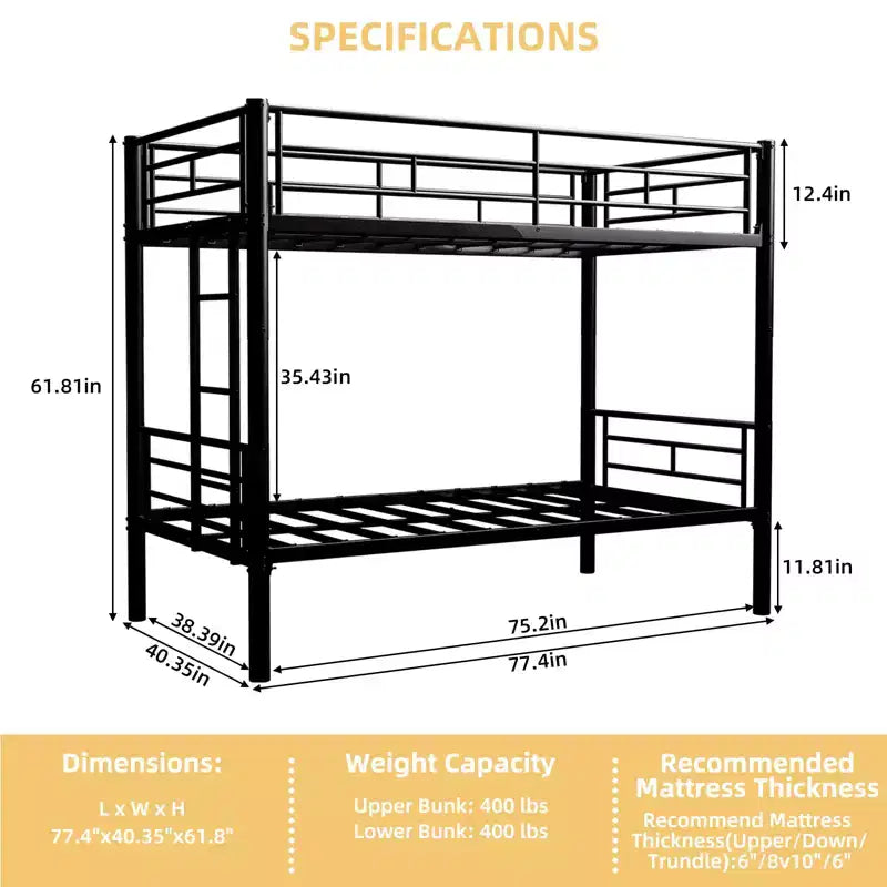 Bellemave Lit superposé en métal jumeau sur jumeau pour enfants, cadre en acier robuste avec échelle et garde-corps, convertible en 2 lits, pas besoin de sommier tapissier