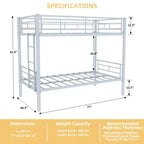 Bellemave Lit superposé en métal jumeau sur jumeau pour enfants, cadre en acier robuste avec échelle et garde-corps, convertible en 2 lits, pas besoin de sommier tapissier