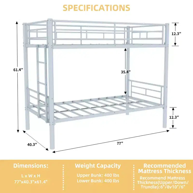 Bellemave Lit superposé en métal jumeau sur jumeau pour enfants, cadre en acier robuste avec échelle et garde-corps, convertible en 2 lits, pas besoin de sommier tapissier