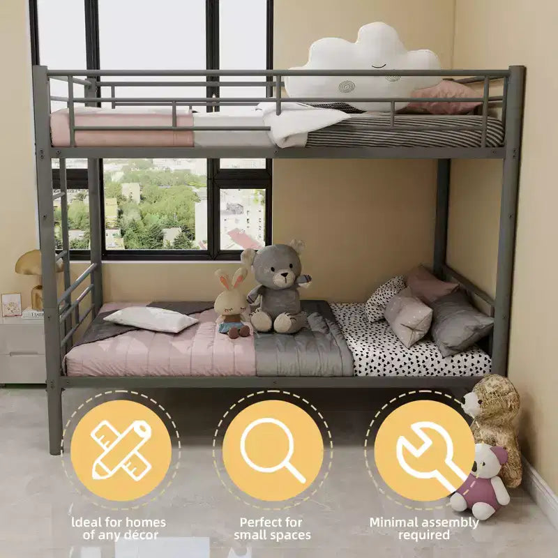 Bellemave Lit superposé en métal jumeau sur jumeau pour enfants, cadre en acier robuste avec échelle et garde-corps, convertible en 2 lits, pas besoin de sommier tapissier
