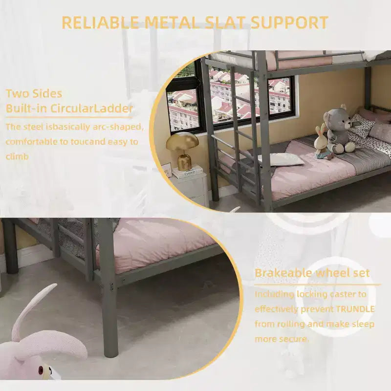 Bellemave Lit superposé en métal jumeau sur jumeau pour enfants, cadre en acier robuste avec échelle et garde-corps, convertible en 2 lits, pas besoin de sommier tapissier