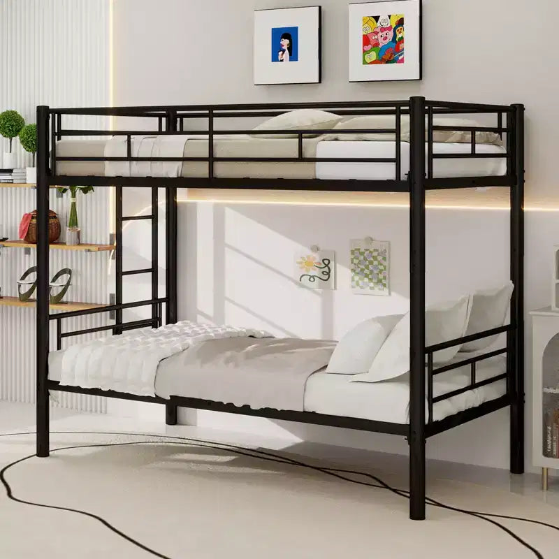 Bellemave Lit superposé en métal jumeau sur jumeau pour enfants, cadre en acier robuste avec échelle et garde-corps, convertible en 2 lits, pas besoin de sommier tapissier