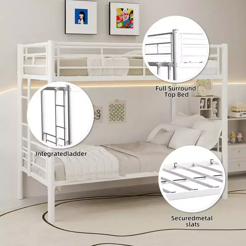 Bellemave Lit superposé en métal jumeau sur jumeau pour enfants, cadre en acier robuste avec échelle et garde-corps, convertible en 2 lits, pas besoin de sommier tapissier