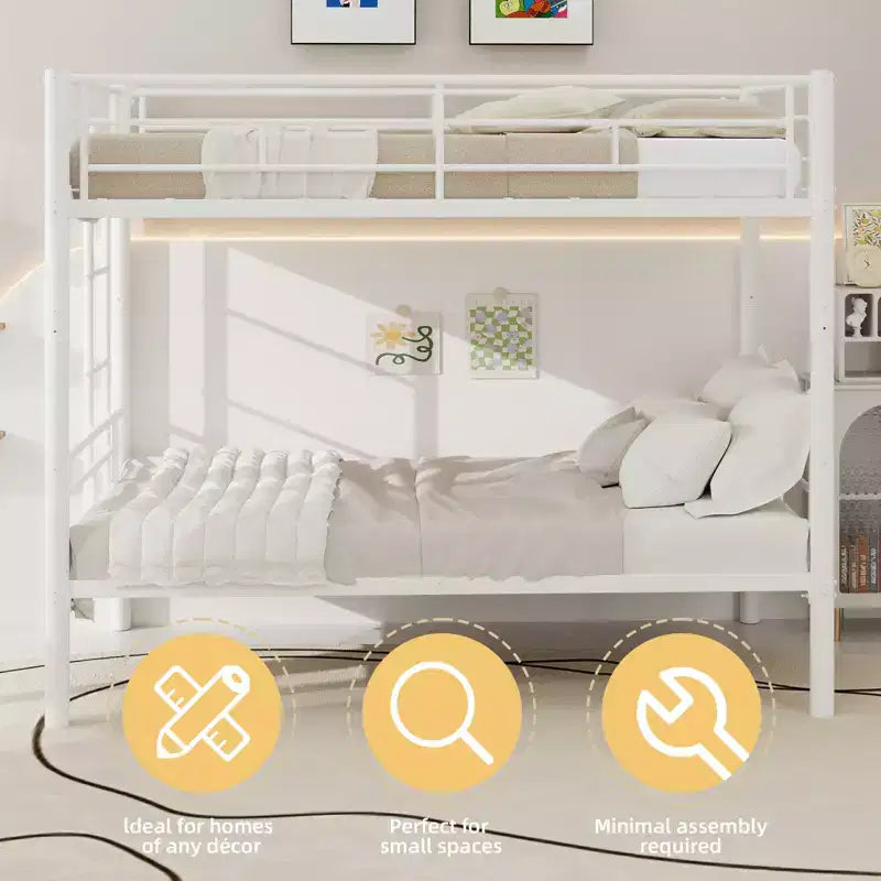 Bellemave Lit superposé en métal jumeau sur jumeau pour enfants, cadre en acier robuste avec échelle et garde-corps, convertible en 2 lits, pas besoin de sommier tapissier