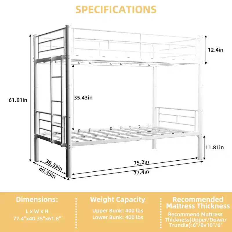 Bellemave Lit superposé en métal jumeau sur jumeau pour enfants, cadre en acier robuste avec échelle et garde-corps, convertible en 2 lits, pas besoin de sommier tapissier