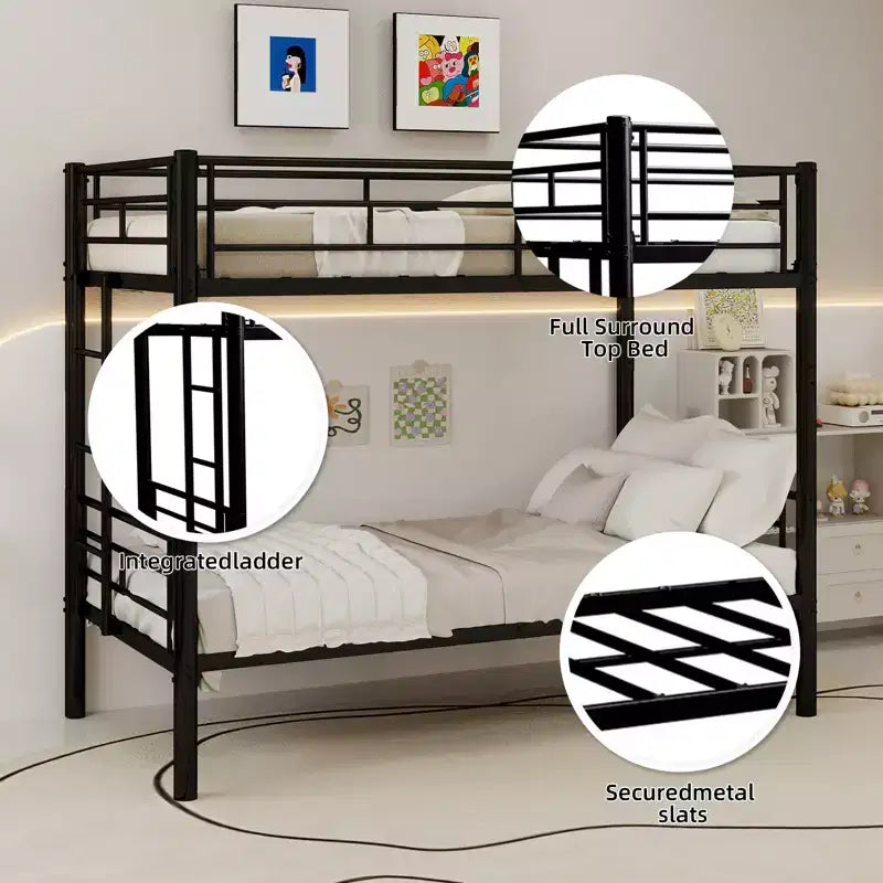 Bellemave Lit superposé en métal jumeau sur jumeau pour enfants, cadre en acier robuste avec échelle et garde-corps, convertible en 2 lits, pas besoin de sommier tapissier
