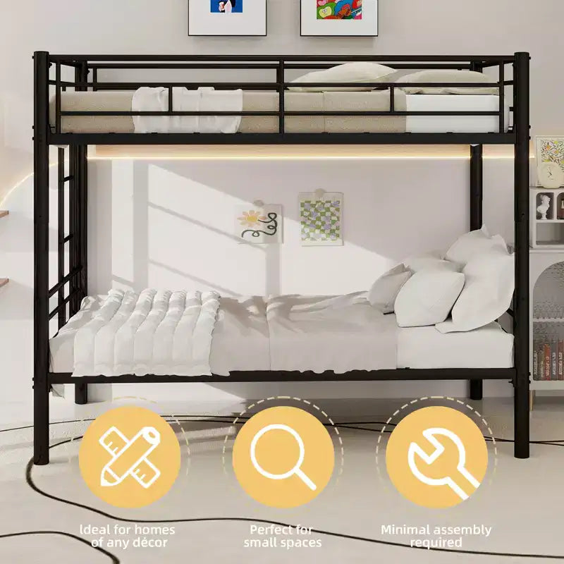 Bellemave Lit superposé en métal jumeau sur jumeau pour enfants, cadre en acier robuste avec échelle et garde-corps, convertible en 2 lits, pas besoin de sommier tapissier