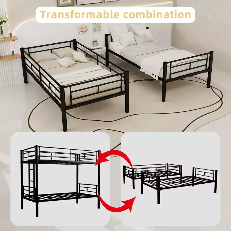 Bellemave Lit superposé en métal jumeau sur jumeau pour enfants, cadre en acier robuste avec échelle et garde-corps, convertible en 2 lits, pas besoin de sommier tapissier