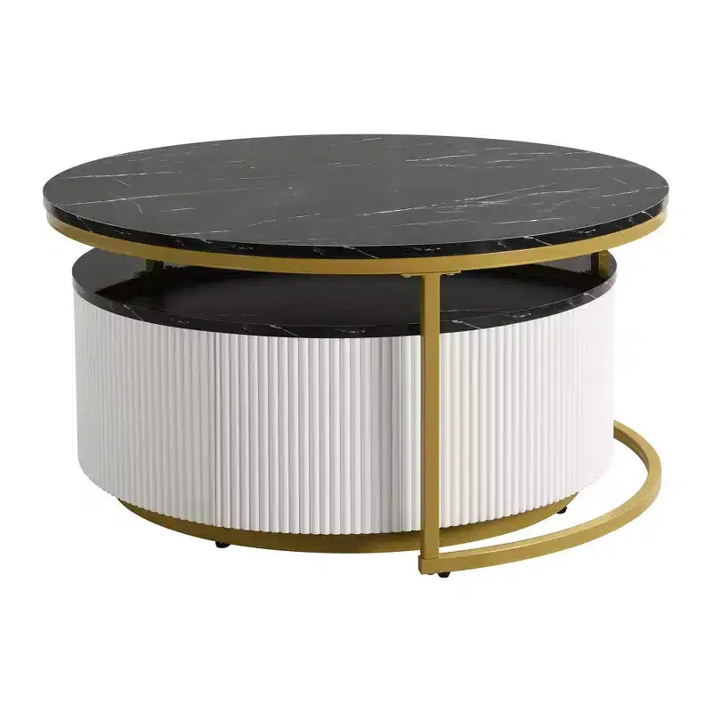 Tables basses gigognes rondes dorées, lot de 2, table centrale cannelée avec pieds dorés, tables d'appoint modernes avec tiroir pour le salon