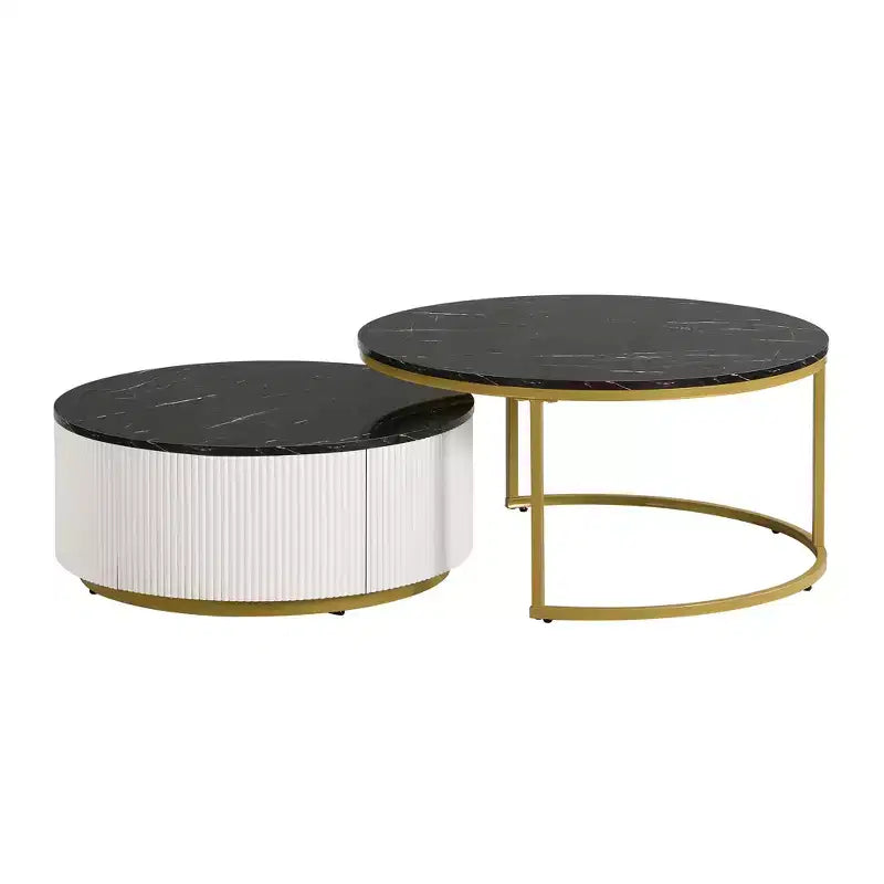 Tables basses gigognes rondes dorées, lot de 2, table centrale cannelée avec pieds dorés, tables d'appoint modernes avec tiroir pour le salon