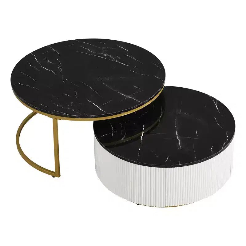 Tables basses gigognes rondes dorées, lot de 2, table centrale cannelée avec pieds dorés, tables d'appoint modernes avec tiroir pour le salon