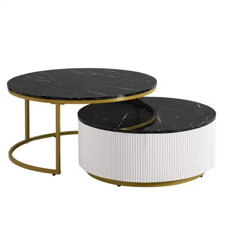 Tables basses gigognes rondes dorées, lot de 2, table centrale cannelée avec pieds dorés, tables d'appoint modernes avec tiroir pour le salon
