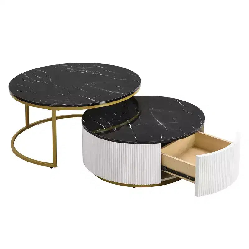 Tables basses gigognes rondes dorées, lot de 2, table centrale cannelée avec pieds dorés, tables d'appoint modernes avec tiroir pour le salon