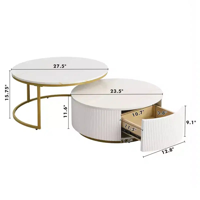 Tables basses gigognes rondes dorées, lot de 2, table centrale cannelée avec pieds dorés, tables d'appoint modernes avec tiroir pour le salon