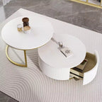 Tables basses gigognes rondes dorées, lot de 2, table centrale cannelée avec pieds dorés, tables d'appoint modernes avec tiroir pour le salon