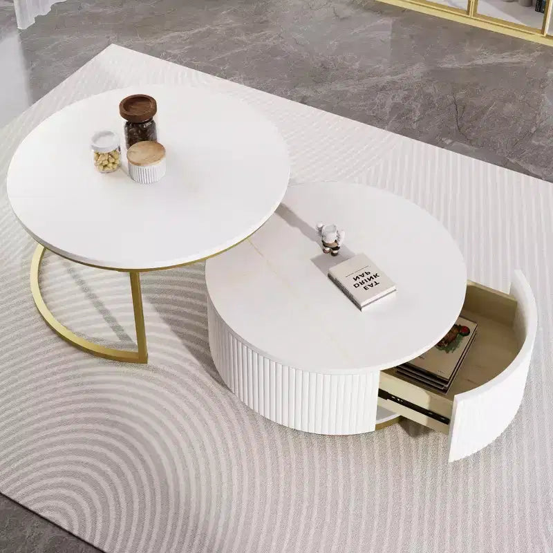 Tables basses gigognes rondes dorées, lot de 2, table centrale cannelée avec pieds dorés, tables d'appoint modernes avec tiroir pour le salon
