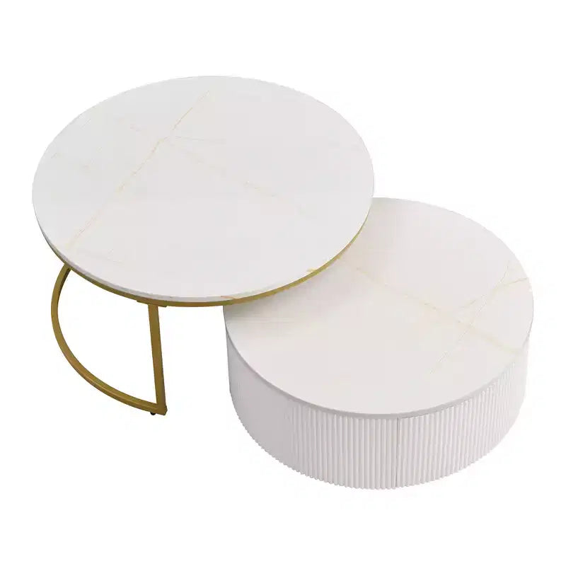Tables basses gigognes rondes dorées, lot de 2, table centrale cannelée avec pieds dorés, tables d'appoint modernes avec tiroir pour le salon