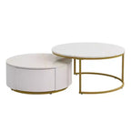 Tables basses gigognes rondes dorées, lot de 2, table centrale cannelée avec pieds dorés, tables d'appoint modernes avec tiroir pour le salon