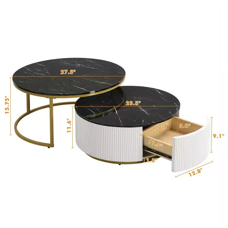 Tables basses gigognes rondes dorées, lot de 2, table centrale cannelée avec pieds dorés, tables d'appoint modernes avec tiroir pour le salon