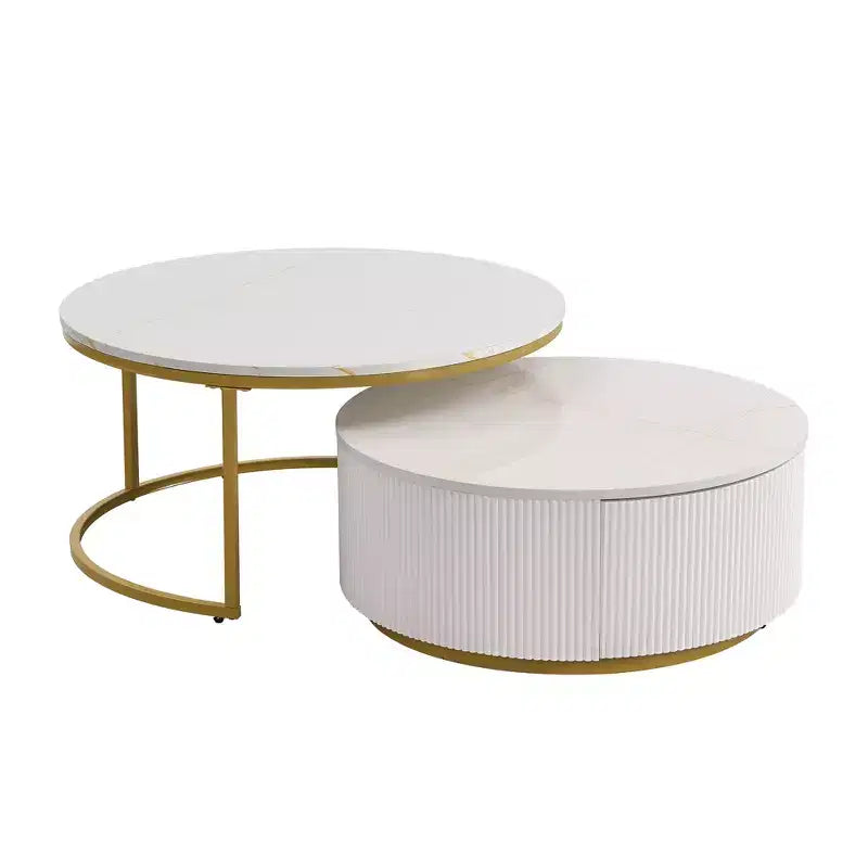 Tables basses gigognes rondes dorées, lot de 2, table centrale cannelée avec pieds dorés, tables d'appoint modernes avec tiroir pour le salon