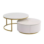 Tables basses gigognes rondes dorées, lot de 2, table centrale cannelée avec pieds dorés, tables d'appoint modernes avec tiroir pour le salon