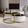 Gold Round Nesting Coffee Table Set of 2, Fluted Center Table with Gold Legs, Modern End Table with Drawer for Living Room