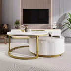 Tables basses gigognes rondes dorées, lot de 2, table centrale cannelée avec pieds dorés, tables d'appoint modernes avec tiroir pour le salon