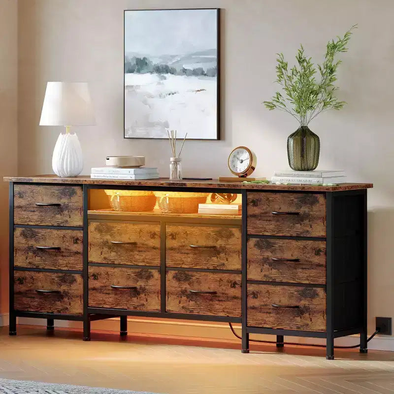 Meuble TV pour téléviseurs de 65, 70, 75 pouces, commode longue à 10 tiroirs avec prises de courant, meuble TV de 63 pouces avec tiroirs de rangement