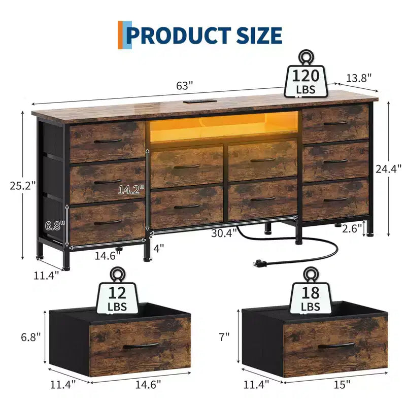 Meuble TV pour téléviseurs de 65, 70, 75 pouces, commode longue à 10 tiroirs avec prises de courant, meuble TV de 63 pouces avec tiroirs de rangement