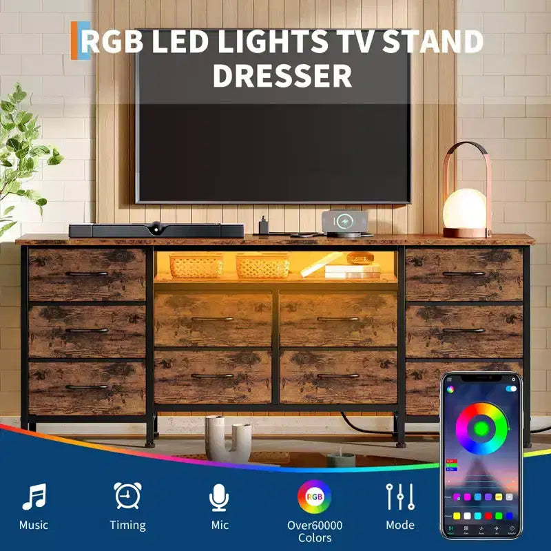 Meuble TV pour téléviseurs de 65, 70, 75 pouces, commode longue à 10 tiroirs avec prises de courant, meuble TV de 63 pouces avec tiroirs de rangement