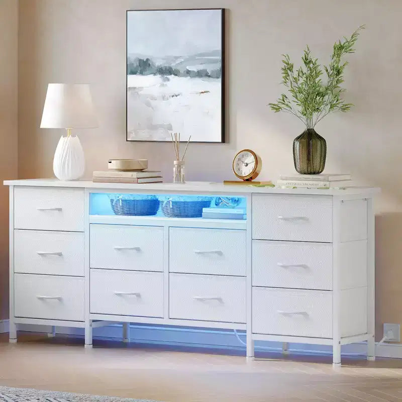 Meuble TV pour téléviseurs de 65, 70, 75 pouces, commode longue à 10 tiroirs avec prises de courant, meuble TV de 63 pouces avec tiroirs de rangement