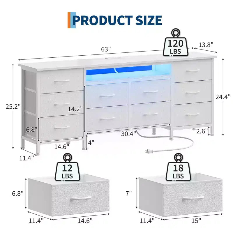 Meuble TV pour téléviseurs de 65, 70, 75 pouces, commode longue à 10 tiroirs avec prises de courant, meuble TV de 63 pouces avec tiroirs de rangement