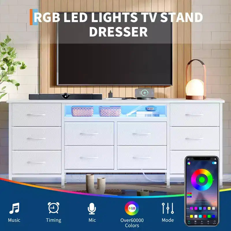 Meuble TV pour téléviseurs de 65, 70, 75 pouces, commode longue à 10 tiroirs avec prises de courant, meuble TV de 63 pouces avec tiroirs de rangement