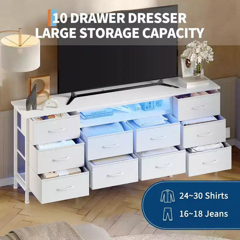 Meuble TV pour téléviseurs de 65, 70, 75 pouces, commode longue à 10 tiroirs avec prises de courant, meuble TV de 63 pouces avec tiroirs de rangement