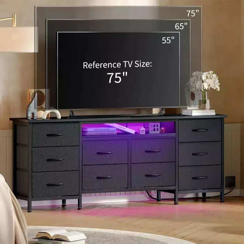 Meuble TV pour téléviseurs de 65, 70, 75 pouces, commode longue à 10 tiroirs avec prises de courant, meuble TV de 63 pouces avec tiroirs de rangement