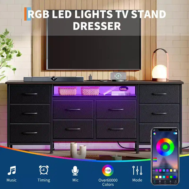 Meuble TV pour téléviseurs de 65, 70, 75 pouces, commode longue à 10 tiroirs avec prises de courant, meuble TV de 63 pouces avec tiroirs de rangement
