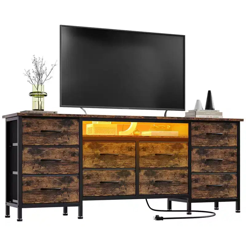 Meuble TV pour téléviseurs de 65, 70, 75 pouces, commode longue à 10 tiroirs avec prises de courant, meuble TV de 63 pouces avec tiroirs de rangement